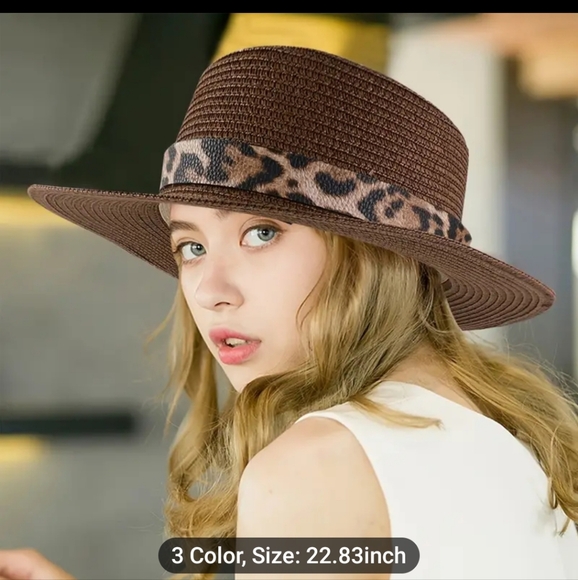 unbranded Accessories - New Brown Flat Top Straw Hat with Leopard Band